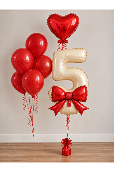 MERİ PARTİ Red Bow Birthday Balloon Set |   Number Foil Balloon, Red Heart an...