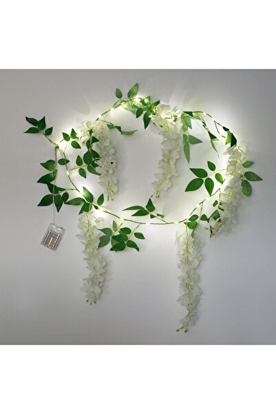 OEM Ghirlanda Decorativa cu Frunze Verzi Flori Albe si Luminite cu Baterii 1.8m