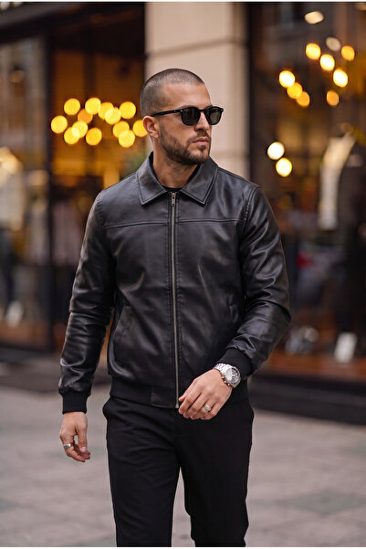 BASEL.CO Basic Slim Fit Polo Collar Leather Jacket