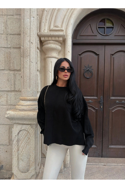 kırmızı butiks Black Fisherman's Sweater with Side Slits