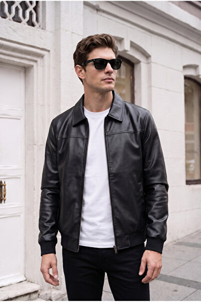 BASEL.CO Slim Fit Premium Polo Collar Leather Jacket