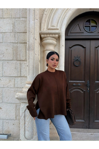 kırmızı butiks Brown Side Slit Fisherman's Sweater