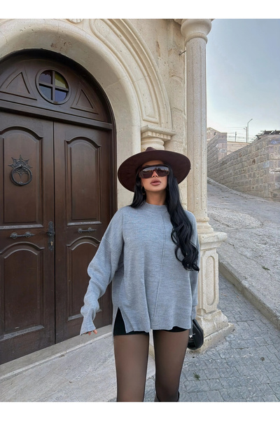 kırmızı butiks Gray Fisherman Sweater with Side Slits