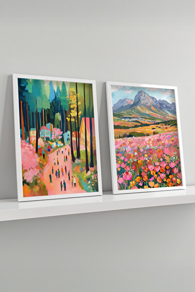 STARYUNA White Framed Colorful Forest and Mountain Landscape Double Painting ...