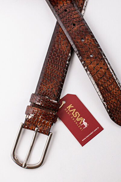 KASVA DERİ Tan Shiny Fine Pattern Crocodile Leather Belt 3.5 cm