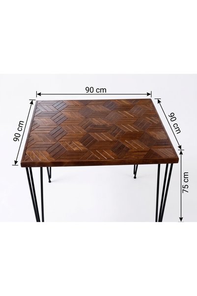 MİRRORSS Balkon & Mutfak: Ahşap Ceviz Renk(90x90 cm) Geometrik Desenli Tel Ayaklı Balkon ve Mutfak Masası