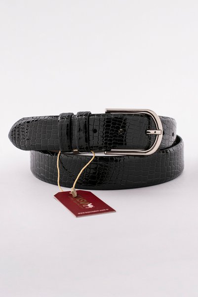 KASVA DERİ Black Shiny Fine Pattern Crocodile Leather Belt 3.5 cm