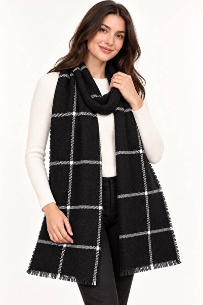 Sfg Life Moda Women's Plaid Patterned Soft Textured Tasseled Knitwear Shawl