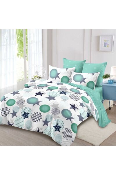 OEM Lenjerie de Pat Finet 6 Piese, Model Geometric cu Stele și Cercuri Verde ...