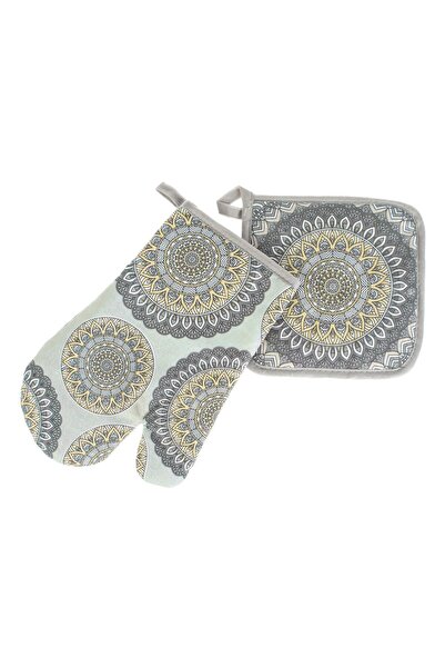 OEM Set Manusa & Servet de Bucatarie Gri cu Mandala Galben - 2buc