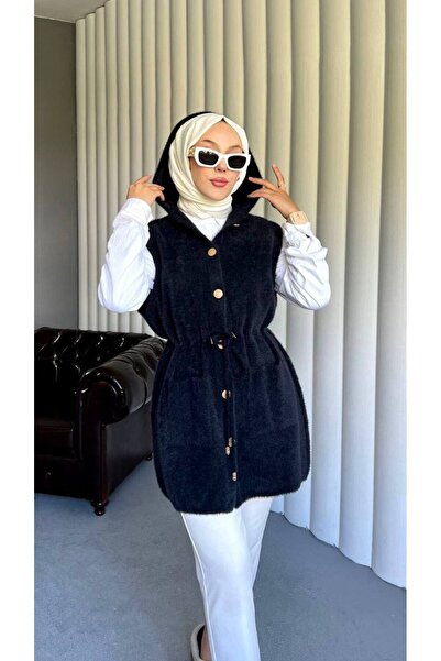Nes Moda Kadın Kapüşonlu Cep Detaylı Belden Büzgülü Tesettür Triko Yelek