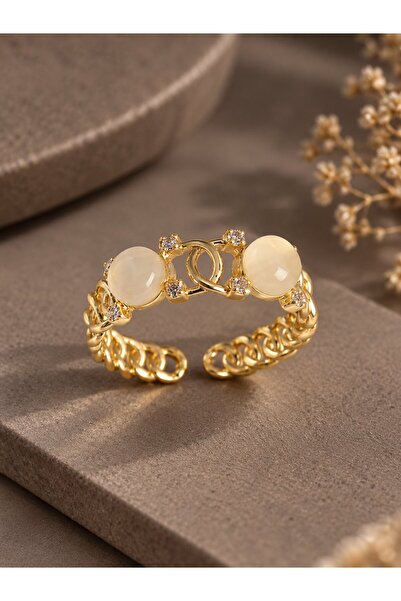 serelya Brass Gold Color Adjustable Zircon Stone White Enamel Combined Ring M...