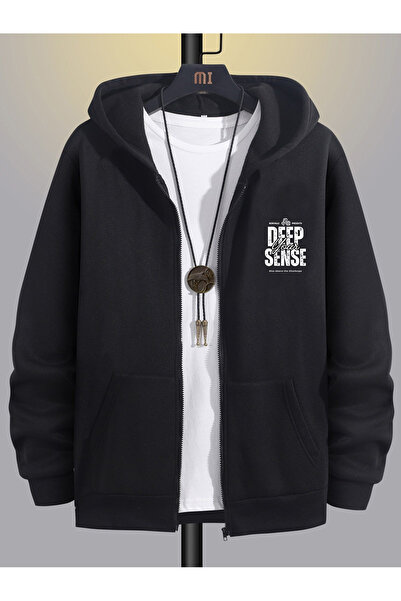 VAN VLECK Men's Black Winter Hooded Zip-Up Fleece-Lined Sweatshirt Jacket