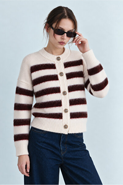Yefrastore Women's Cream Brown Striped Ultra Soft Cardigan
