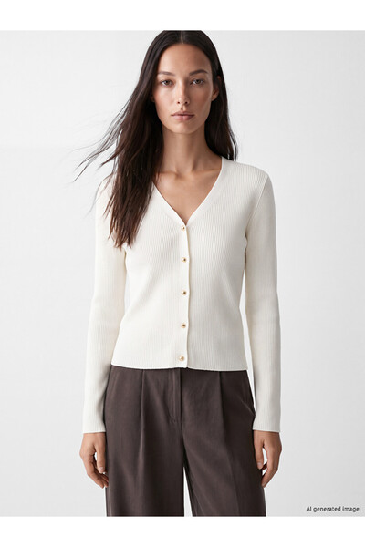 LC Waikiki Özmarka New Season White V-Neck Women's Knitwear Cardigan