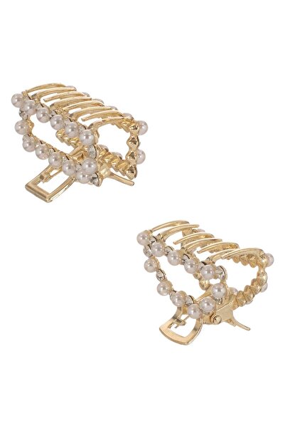 OEM Clama Par de Culoare Aurie cu Margele Albe & Strass 5cm - 2buc