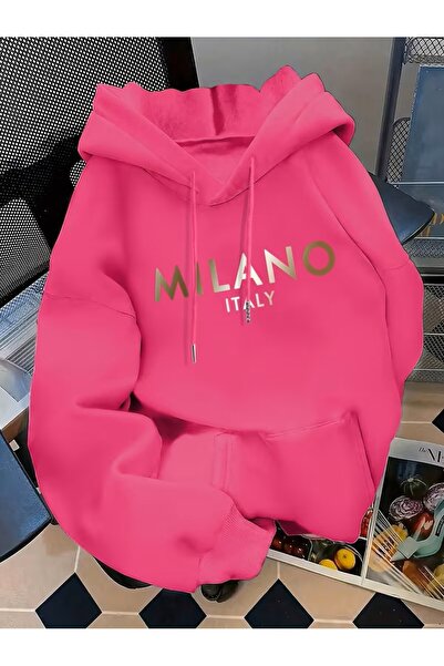 Generic Brand Γυναικείο χρυσό φούτερ Milano Italy με στάμπα γράμματα, τσέπες,...