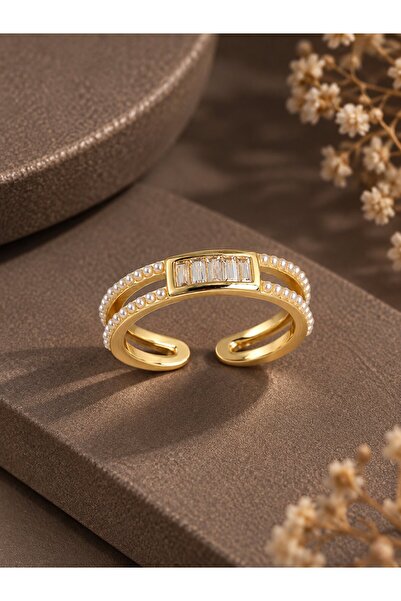 serelya Brass Gold Color Adjustable Women's Ring with Pearl and Zircon Stone ...