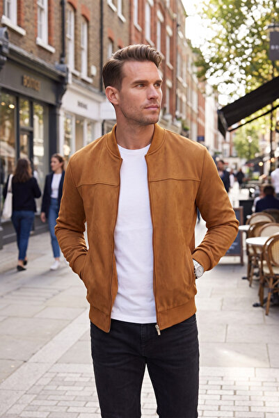 Rizz up Men's Slim Fit Lycra Tan Suede Jacket – Wrinkle-Free, No-Ironing Seas...