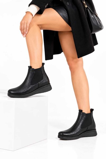 Venüs 2702Lorey Genuine Leather Side Rubber Detail Flat Heeled Daily Comfortable Women's Ankle Boots Real Leather Floter Black