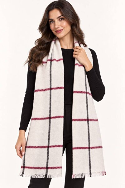Sfg Life Moda Women's Plaid Patterned Soft Textured Tasseled Knitwear Shawl