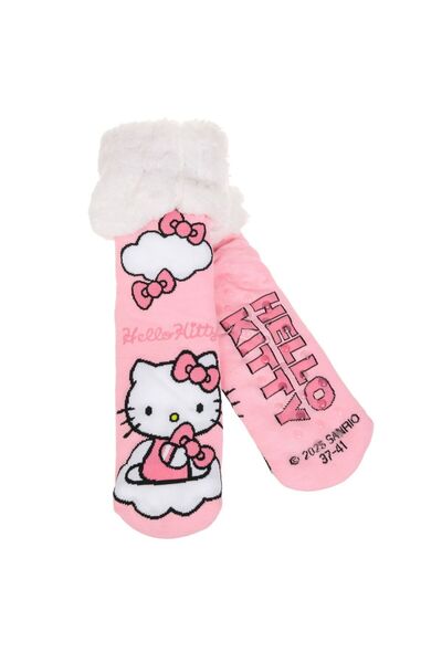 OEM Розови зимни чорапи с шарка Hello Kitty и бяла изкуствен косъм, противопл...