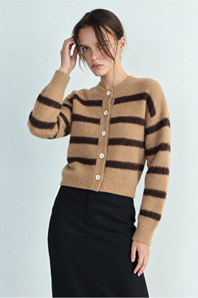 Yefrastore Women's Camel Brown Striped Ultra Soft Cardigan