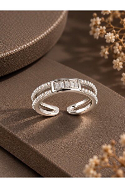 serelya Brass Silver Color Adjustable Row Pearl and Zircon Stone Women's Ring