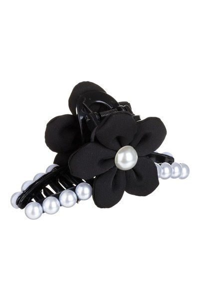 OEM Clama Par Neagra cu Margele Albe & Floare Neagra pentru Femei 11cm