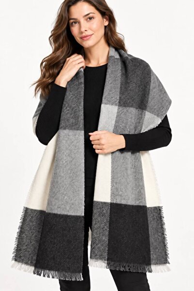 Sfg Life Moda Women's Plaid Patterned Soft Textured Tasseled Knitwear Shawl