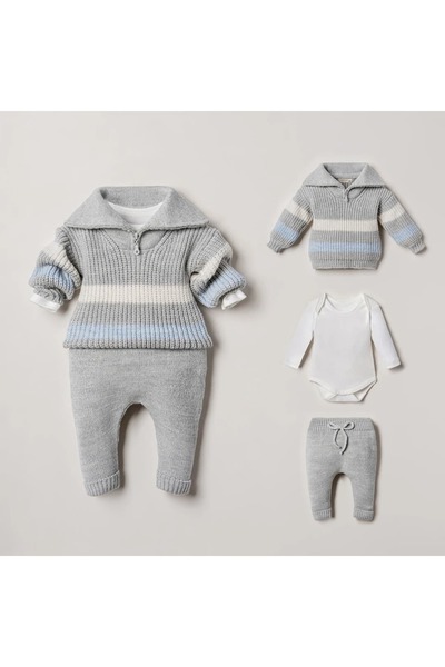 STRAWBABY Nipperland Fermuar Yakalı Çizgili Erkek Bebek Triko Takım - Çıtçıtl...