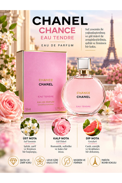 Chanel CHANCE EAU TENDRE Eau De Parfum 50 ml – Çiçeksi ve Meyvemsi Notalı Zar...
