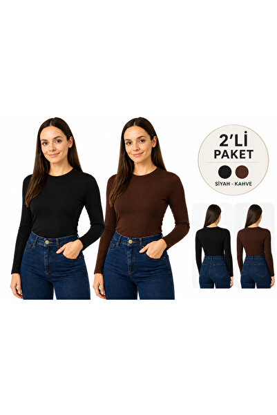 body bisiklet yaka uzun kol örme kumaş viskon kadın basic bluz body badi siyah renk