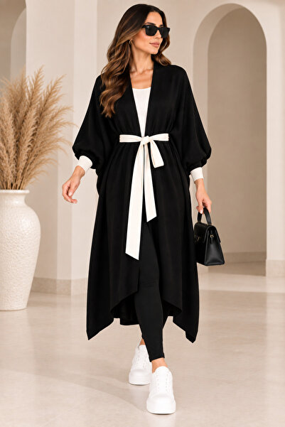 CNR TEKSTİL Kadın Çift Renk Kuşaklı Oversize Uzun Triko Kimono Hırka