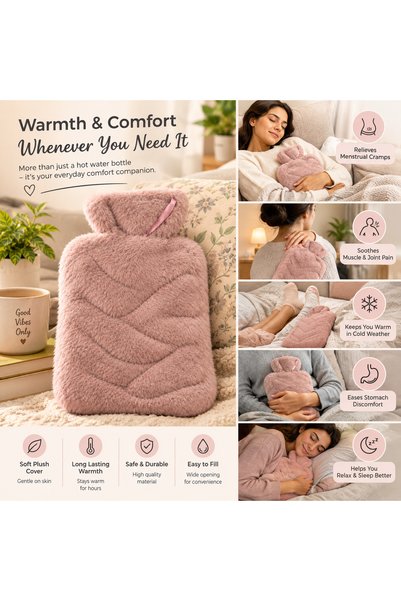 Generic Brand Plush Hot Water Bottle with Soft Furry Cover, Reusable Warm Water Bag for Pain Relief, Menstrual Cramps, Muscle Comfort and Cold Weather