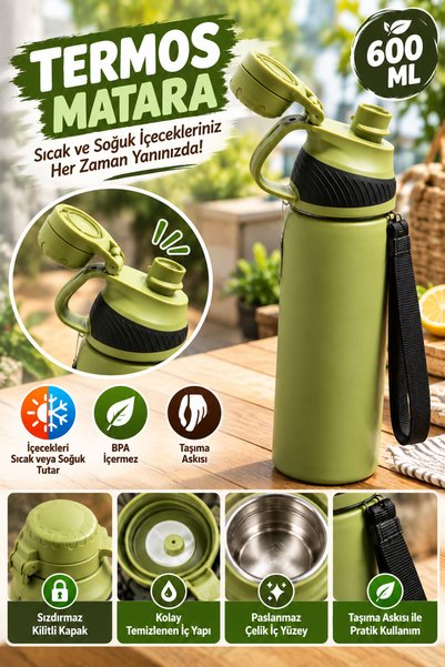 OpenCity 600 ML Haki Termos Matara Paslanmaz Çelik İç Yüzeyli Kulplu Taşıma İ...