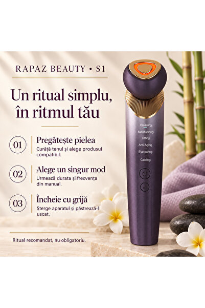 RAPAZ TREND RPZ Aparat de îngrijire facială RAPAZ Beauty S1, 6 moduri, curățare, masaj facial, încălzire și răcire, lumină LED, 3 trepte de intensitate, USB-C, Violet/Auriu