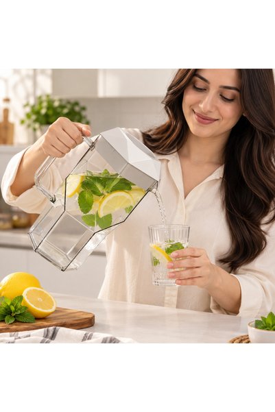 Home By SS 1.8L Water Jug with Lid and Handle, Clear Geometric Plastic Pitcher for Water, Juice & Beverages