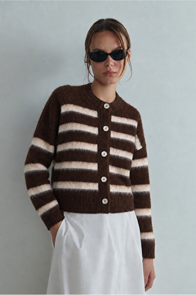 Yefrastore Women's Brown Cream Striped Ultra Soft Cardigan