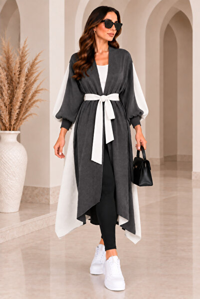 CNR TEKSTİL Kadın Çift Renk Kuşaklı Oversize Uzun Triko Kimono Hırka