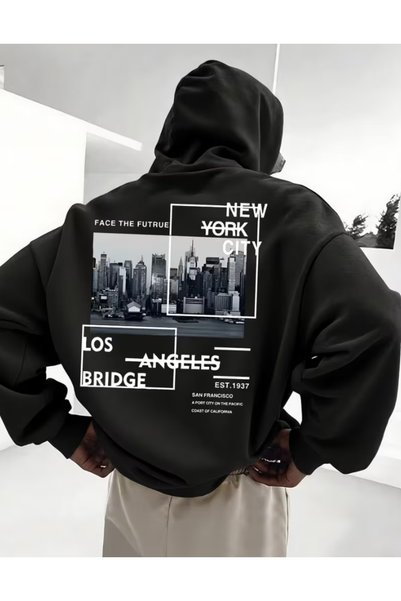 one button Φούτερ με κουκούλα New York City, εμπριμέ, premium, με 2 κλωστές, ...