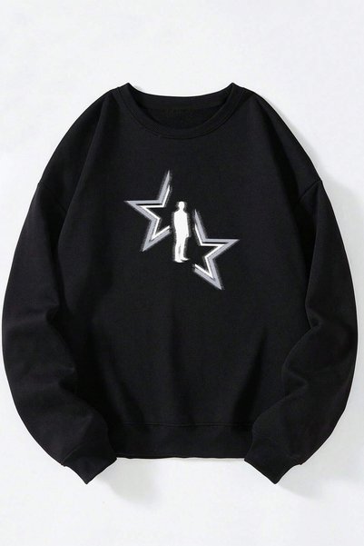 Vento Luna Star Man Front Printed Black Crew Neck Sweatshirt