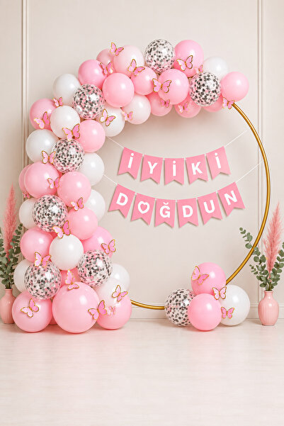 BalonArt 42 Adet Kelebekli Pembe Beyaz Gümüşlü Doğum Günü Balon Süsleme Seti ...