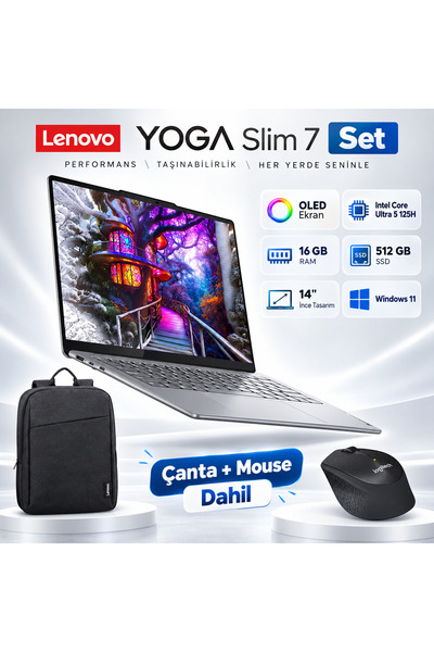 LENOVO Yoga Slim 7 Core Ultra 5 125H 16GB 512GB SSD 14" W11 + Çanta + Silent Mouse Hediyeli