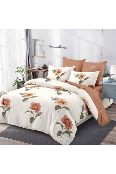 Generic Brand Lenjerie de pat 6 piese cu elastic, crem cu imprimeu floral in ...