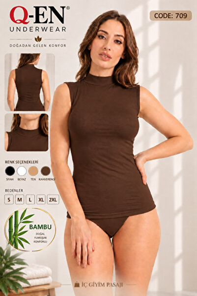 Q-EN Underwear Passage Women's Black Turtleneck Zero Sleeve Bamboo Throat Ath...