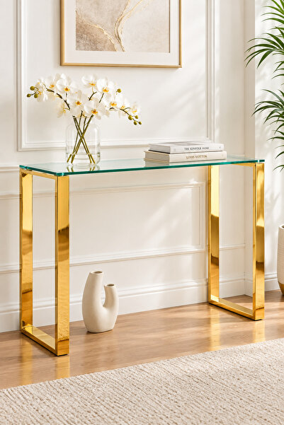 Gunesly Gold Titanyum Kaplama Krom Metal Ayaklı Modern Konsol Masa-Temperli C...