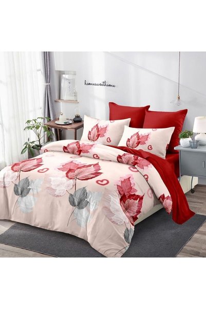 Generic Brand Lenjerie de pat 6 piese cu elastic, crem cu imprimeu frunze rosii