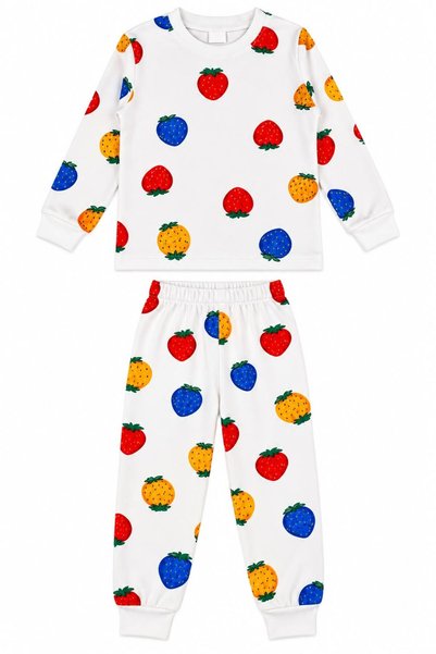 ALİŞ KİDS Girl's 100% Cotton White Strawberry Patterned Long Sleeve Pajama Set
