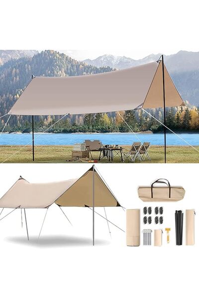 Generic Camping Tent Tarp Sun Shelter Canopy Beach Sunshade with Poles, 4-6 P...